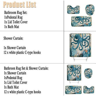 Octopus Printed Durable Bathroom Shower Curtain  Waterproof  Bath Curtain Sets Toilet Cover Mat Non-Slip Bathroom Rug Set